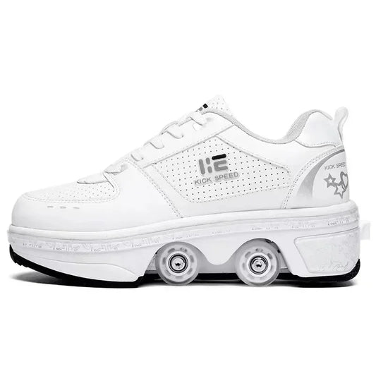White futuristic roller sneaker with perforated leather, chunky sole, and retractable wheels