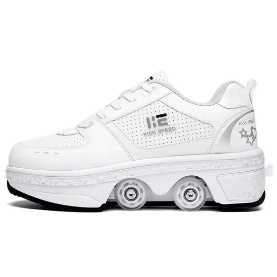 White futuristic roller sneaker with perforated leather, chunky sole, and retractable wheels