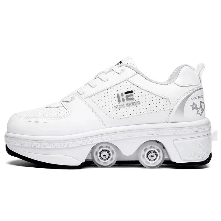 White futuristic roller sneaker with perforated leather, chunky sole, and retractable wheels