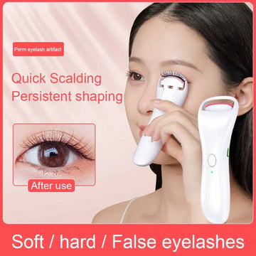 Woman using white heated eyelash curler on natural lashes for lifted, defined eyelash look