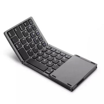 Compact black foldable Bluetooth keyboard with slim, portable design, partially open
