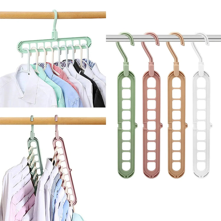 Multi-slot plastic clothes hangers in pastel colors, organizing shirts for space-saving storage.
