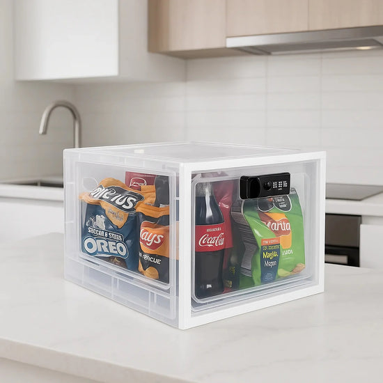 Transparent plastic storage box with snacks and drinks, digital lock, on modern kitchen counter
