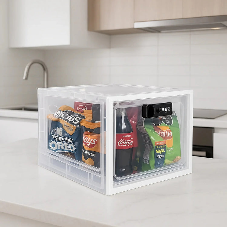 Transparent plastic storage box with snacks and drinks, digital lock, on modern kitchen counter