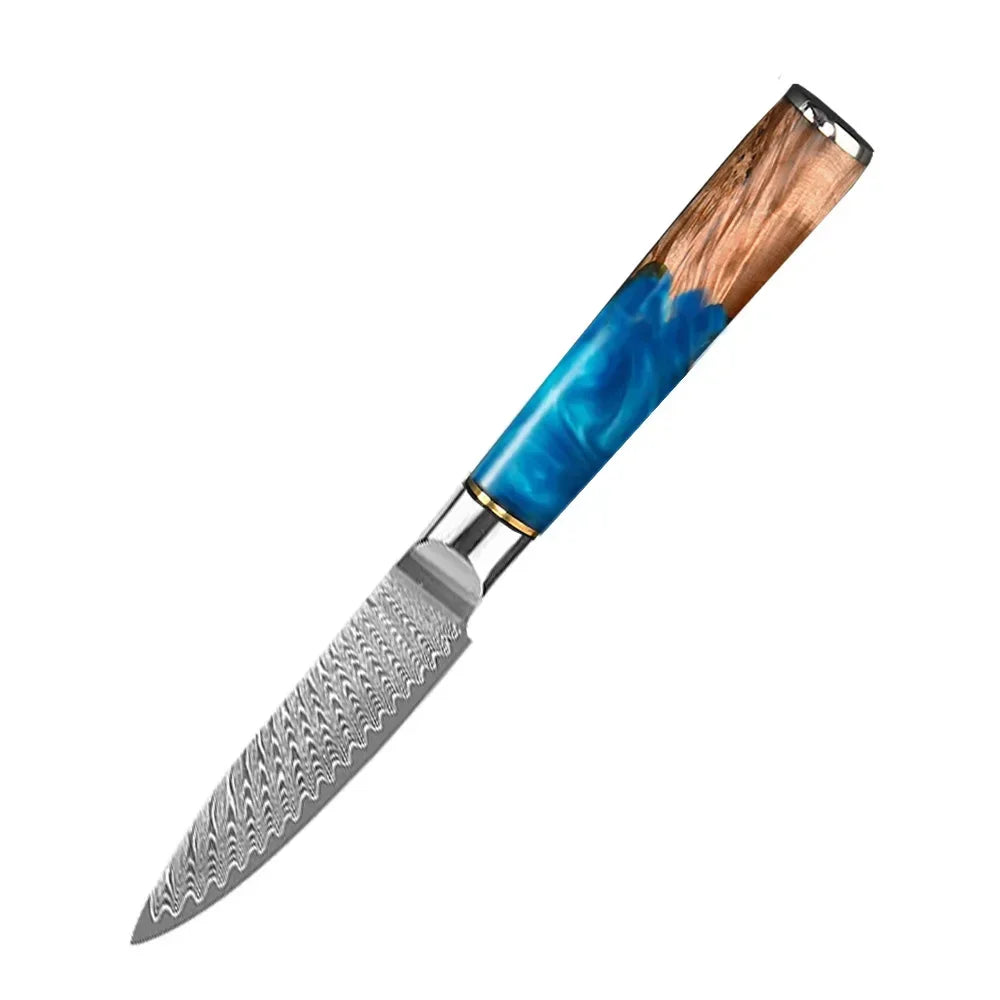 Chef knife with patterned steel blade and blue resin wood handle, modern kitchen utensil