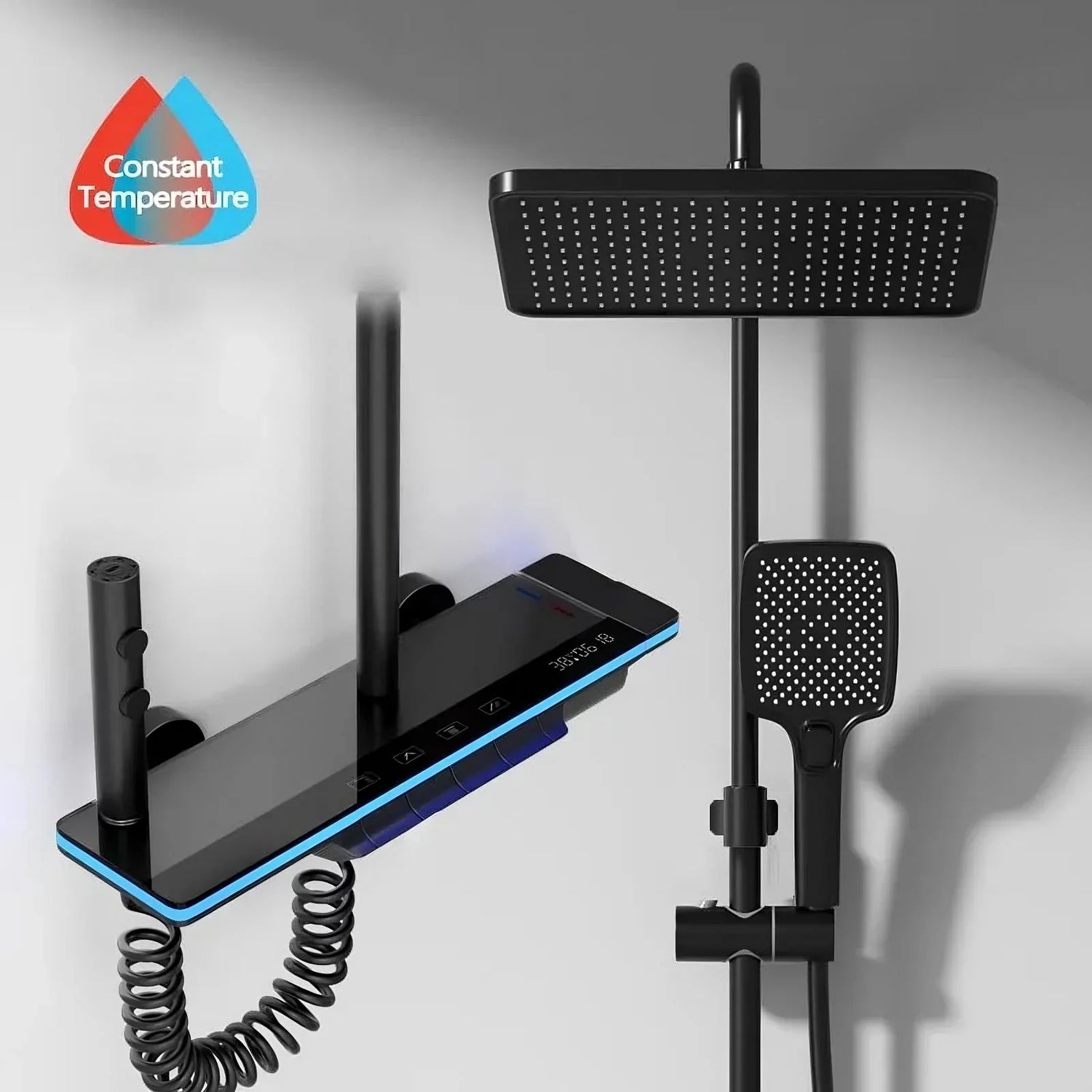 Modern black matte rainfall shower system with digital control panel and handheld sprayer