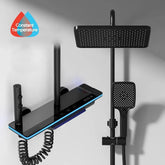 Modern black matte rainfall shower system with digital control panel and handheld sprayer