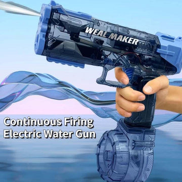 Blue semi-transparent electric water gun with drum magazine, ergonomic grip, continuous water blast