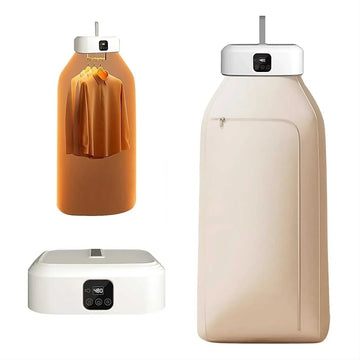 Beige garment care bag with digital control panel, housing hanging shirts, modern fabric steamer design.