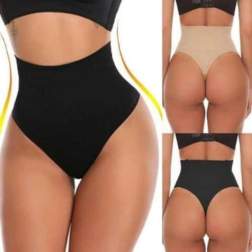 High-waisted seamless shapewear thong in black and beige, stretchy slimming fit, front and back views