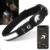 Black waterproof dog collar with reflective strip, smart tracker, and adjustable fit