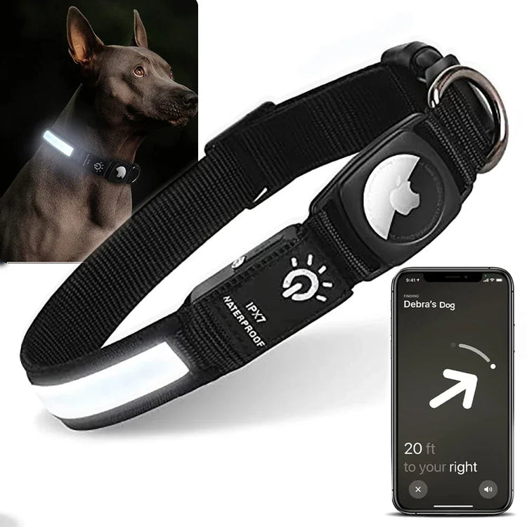 Black waterproof dog collar with reflective strip, smart tracker, and adjustable fit