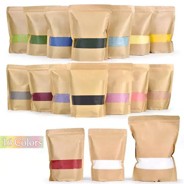 Sixteen resealable kraft paper bags filled with colorful powders, shown in assorted colors.