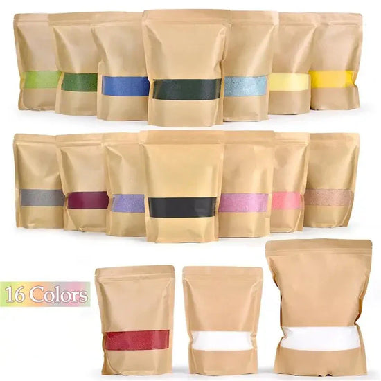 Sixteen resealable kraft paper bags filled with colorful powders, shown in assorted colors.