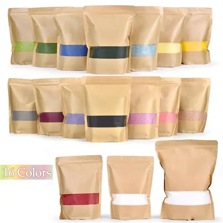 Sixteen resealable kraft paper bags filled with colorful powders, shown in assorted colors.