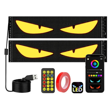 Customizable LED light panel with yellow eyes design, remote control, app interface, and USB cable.