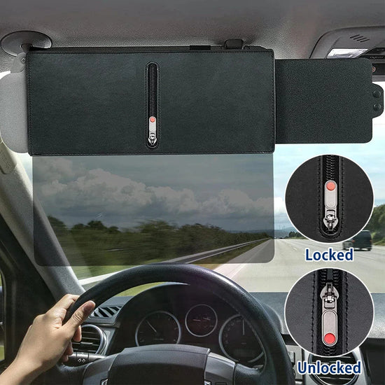 Black adjustable car sun visor extender with zipper lock for glare protection, interior view.