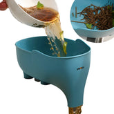 Blue plastic colander with legs, draining water from pasta, modern kitchen tool