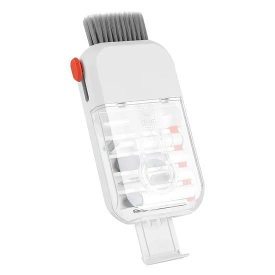 White and transparent plastic cleaning brush for electronics, compact and portable design