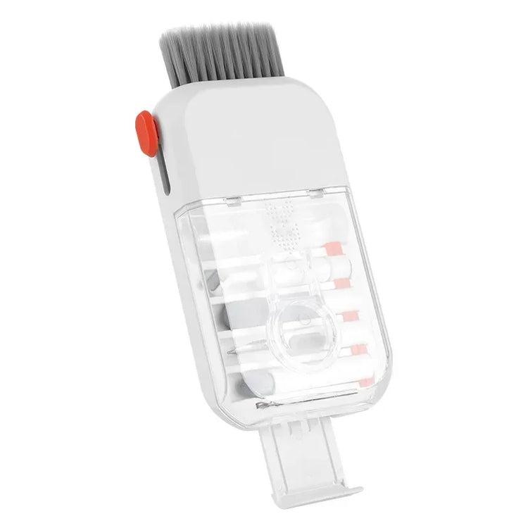 White and transparent plastic cleaning brush for electronics, compact and portable design