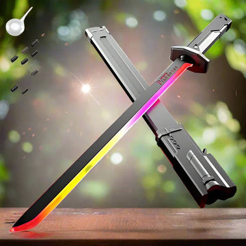 Futuristic katana sword with illuminated blade and matching black scabbard on wooden surface