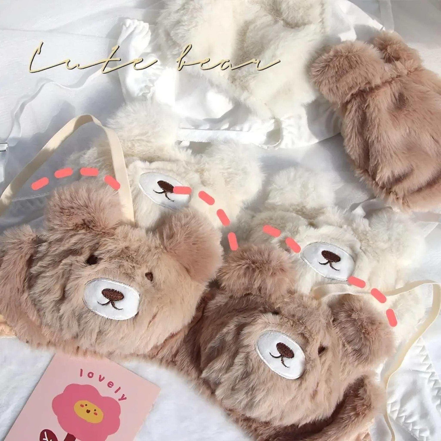 Fluffy bear-shaped shoulder bags in beige and white faux fur with soft teddy bear faces