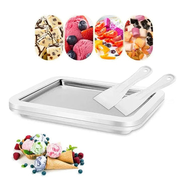 DIY rolled ice cream maker tray with two white spatulas, stainless steel surface, assorted ice cream flavors and cones.