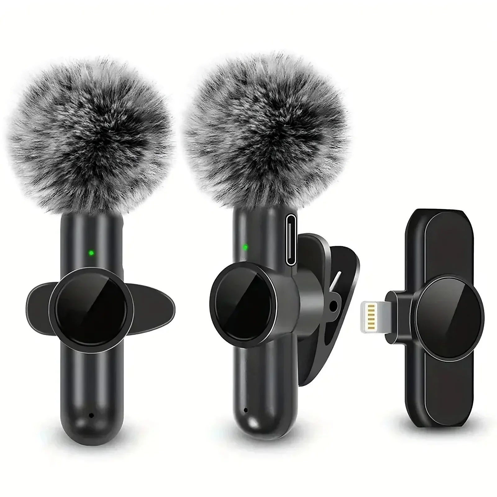 Wireless clip-on microphones with gray furry windshields and black charging adapter