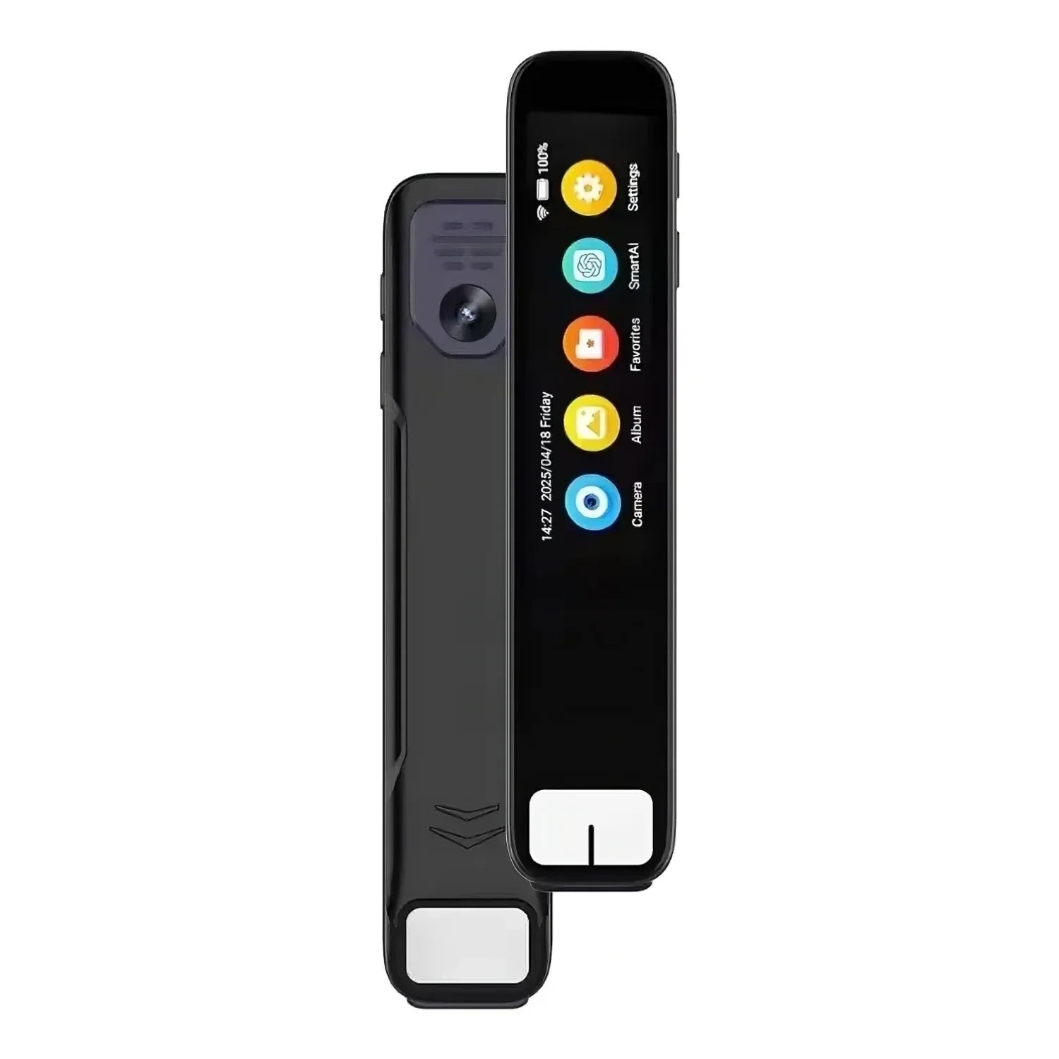 Slim black handheld smart translator device with touchscreen and camera