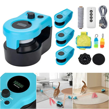 Automatic interactive cat toy set with blue device, remote, accessories, and cats playing indoors