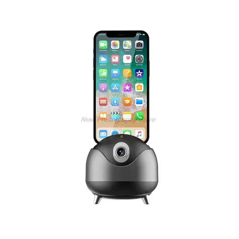 Black smart tracking camera phone holder with sleek rounded design and matte finish