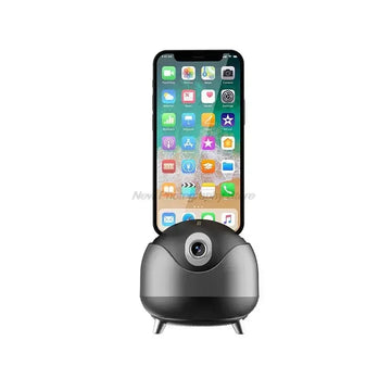 Black smart tracking camera phone holder with sleek rounded design and matte finish