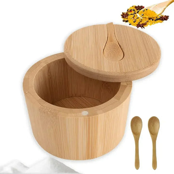 Round bamboo spice box with sliding lid and two wooden spoons, natural finish