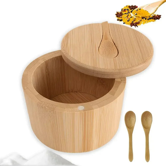 Round bamboo spice box with sliding lid and two wooden spoons, natural finish