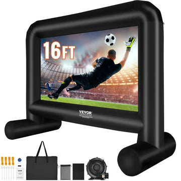 Large inflatable black outdoor movie screen with soccer game displayed, includes accessories.