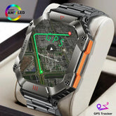 Futuristic smart watch with metallic strap, rugged design, and GPS map display on screen