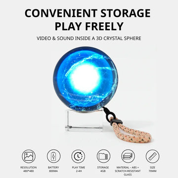 Futuristic blue 3D crystal sphere tech accessory with lanyard, scratch-resistant glass, 70mm