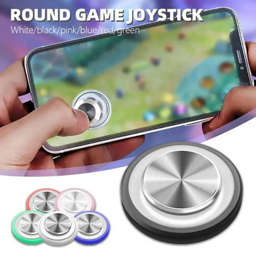Round metallic mobile game joystick in silver, with color options, attached to a smartphone screen.
