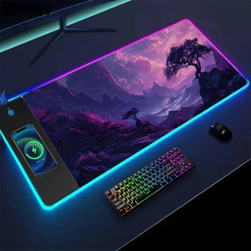 Large RGB desk mat with purple mountain landscape print, wireless charging pad, rainbow keyboard