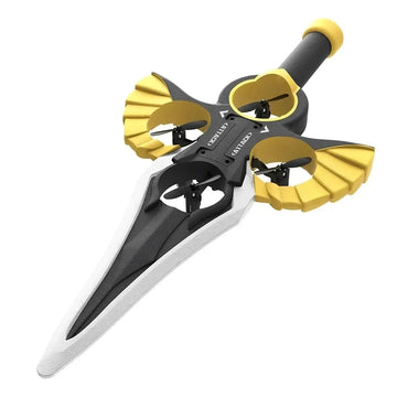 Futuristic sword-shaped drone with black, white, and yellow plastic body and propellers