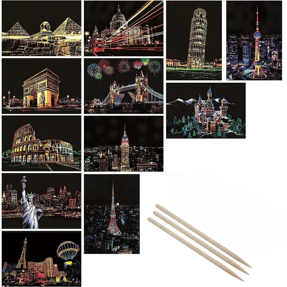 Scratch art set with colorful city landmark illustrations and three wooden styluses.