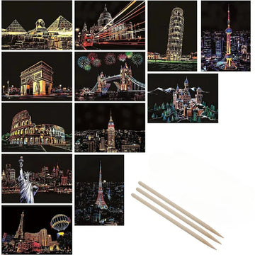 Scratch art set with colorful city landmark illustrations and three wooden styluses.