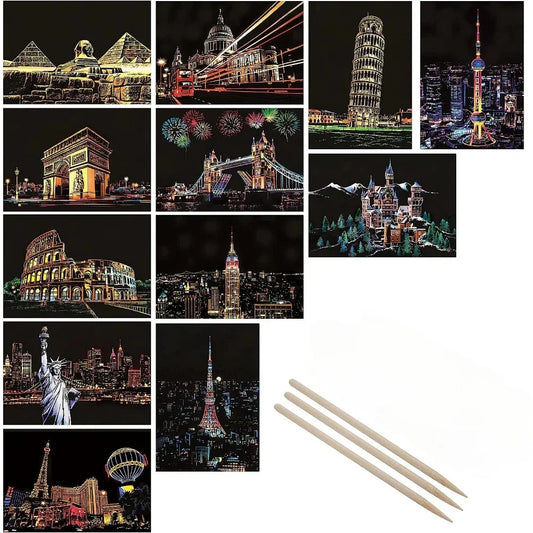 Scratch art set with colorful city landmark illustrations and three wooden styluses.