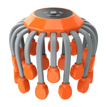 Futuristic orange and gray head massager with flexible silicone arms and control panel