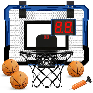 Mini basketball hoop set with digital scoreboard, three orange basketballs, and pump