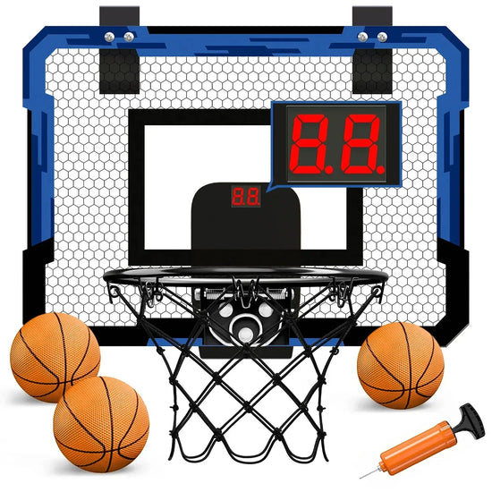 Mini basketball hoop set with digital scoreboard, three orange basketballs, and pump
