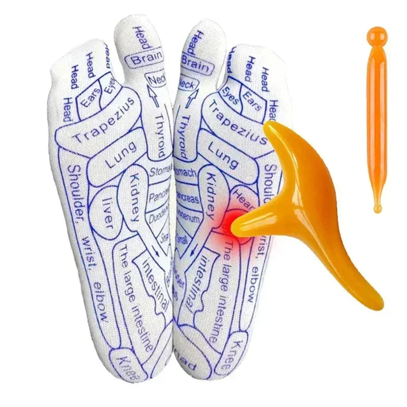 White cotton socks with reflexology foot map in blue print and orange massage tools