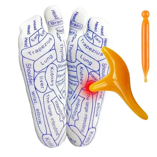 White cotton socks with reflexology foot map in blue print and orange massage tools