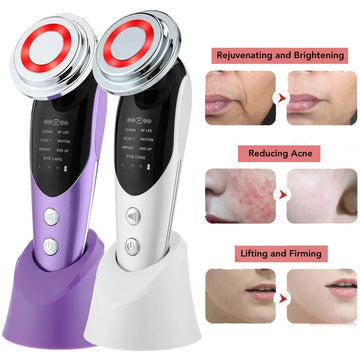 Purple and white facial skin care devices with LED light, for brightening, acne reduction, and firming.