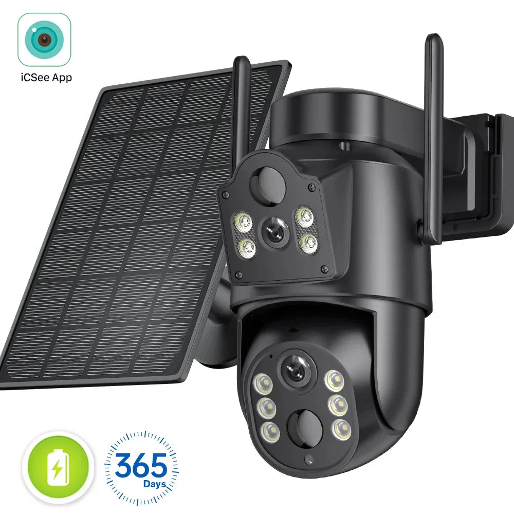 Black solar-powered wireless security camera with LEDs and adjustable mounting arm